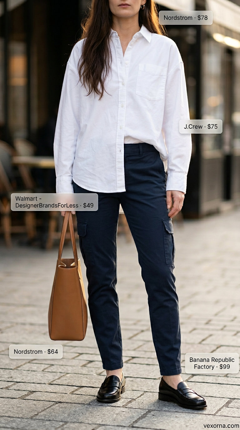 What to Wear with Cargo Pants Summer 2026: Polished smart casual outfit with navy cargo pants, crisp white shirt, and black loafers.