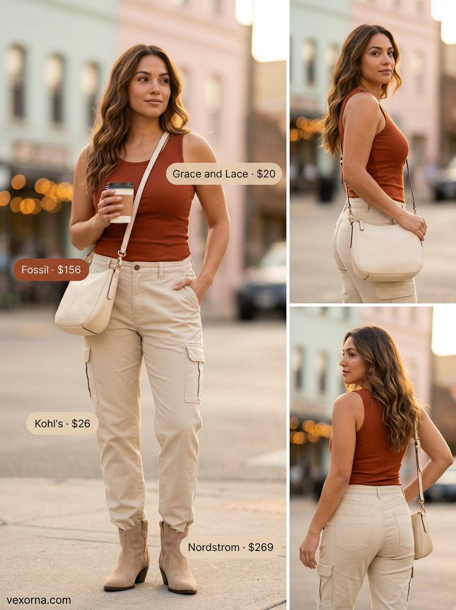 What to Wear with Cargo Pants Summer 2026: Tan tailored cargo pants, rust knit top, and suede ankle boots for an earthy evening.