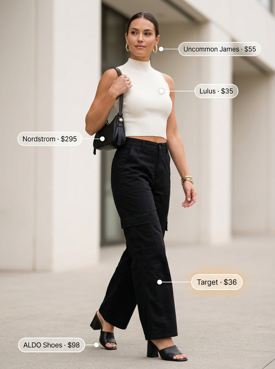 What to Wear with Cargo Pants Summer 2026: Chic evening outfit with black wide-leg cargo pants, ivory knit top, and heeled mules.