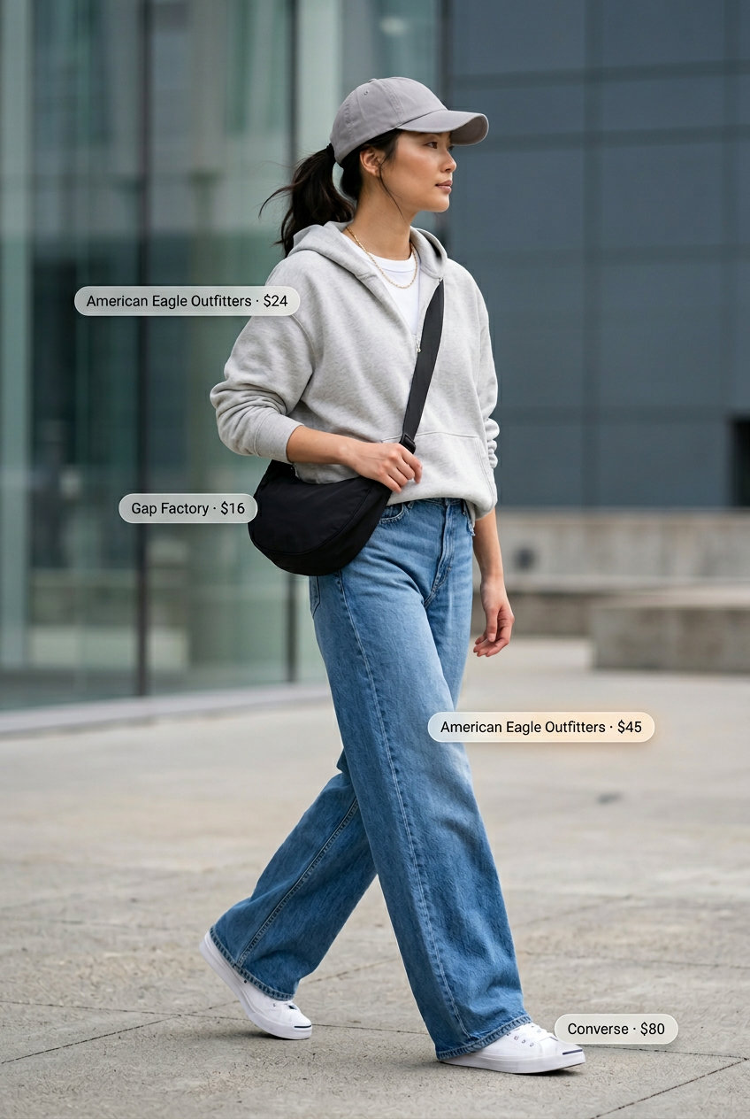 Athleisure outfit: wide leg jeans, hoodie, sneakers, and baseball cap. What to wear with wide leg jeans summer 2026.