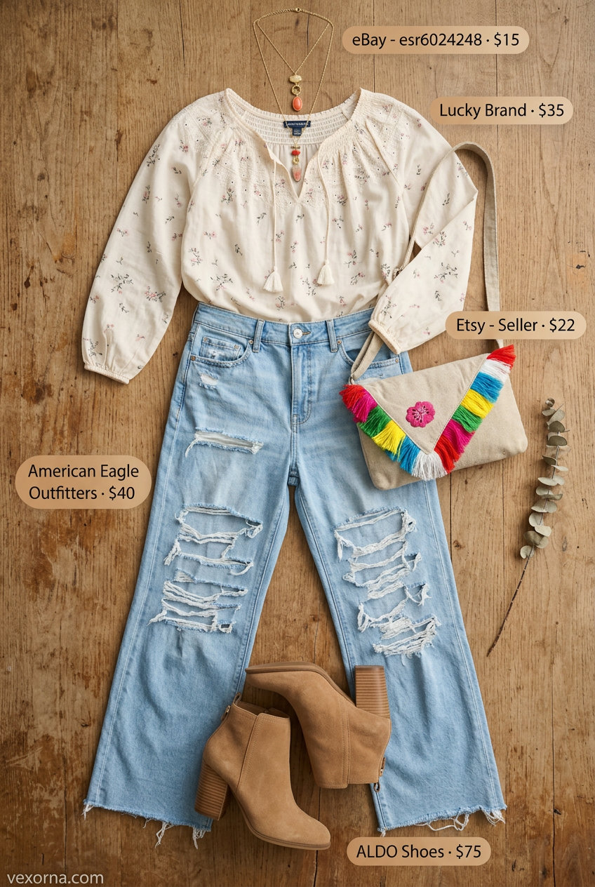 Boho summer outfit: wide leg jeans, flowy floral peasant blouse, suede boots, and embroidered bag. What to wear with wide leg jeans summer 2026.