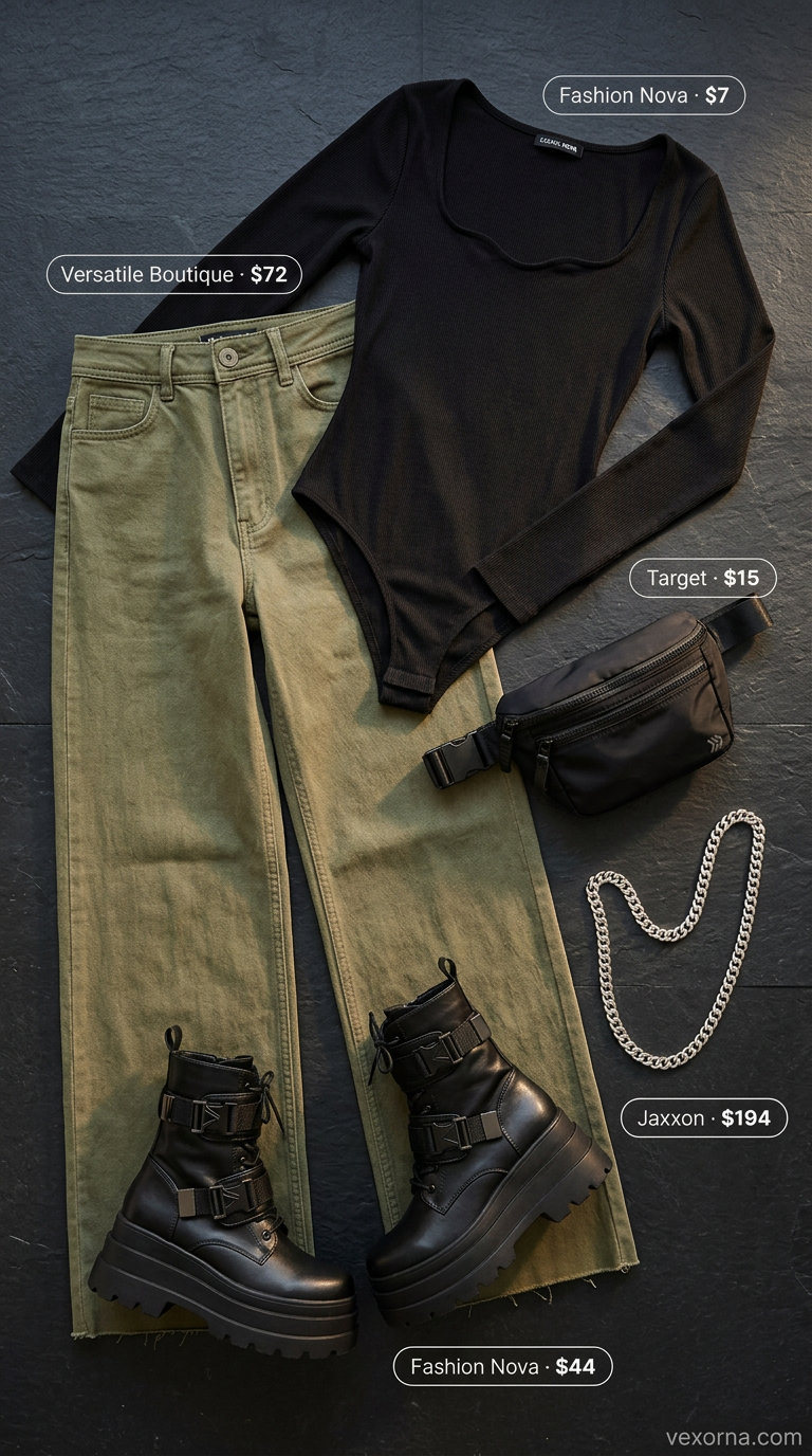 Edgy summer look: wide-leg jeans, olive cargo pants, black bodysuit & combat boots.
