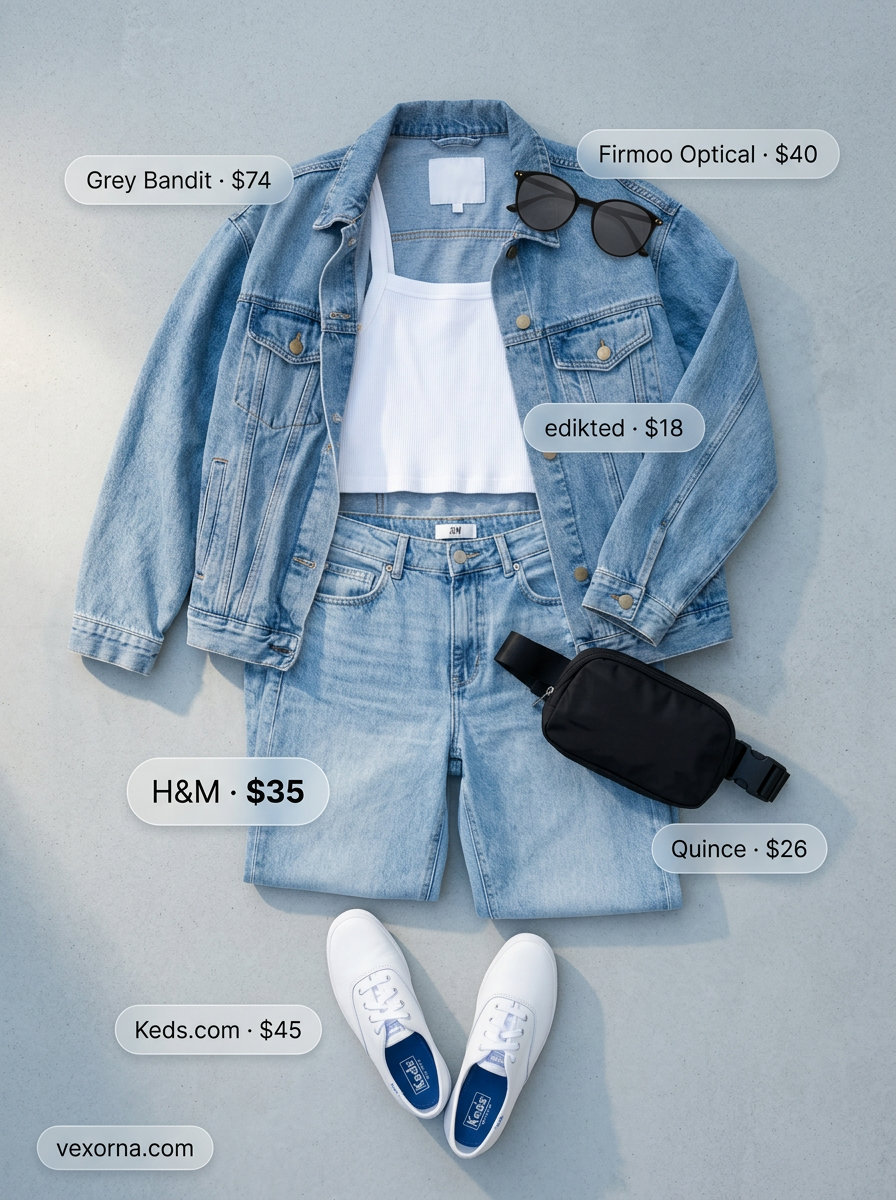 Casual cool outfit: wide leg jeans, white crop top, denim jacket, and sneakers. What to wear with wide leg jeans summer 2026.