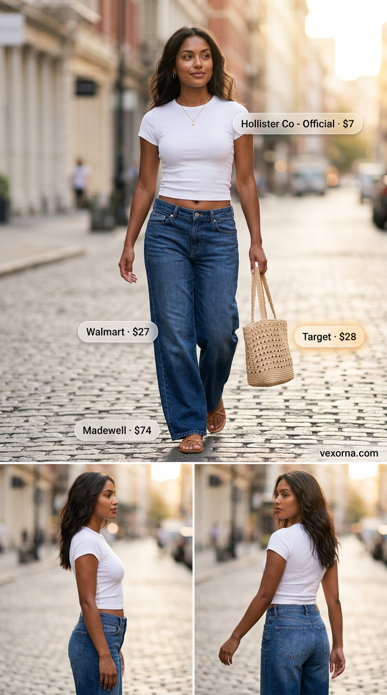 Feminine summer outfit: wide-leg jeans, white tee, pink midi skirt, tan sandals & straw tote.