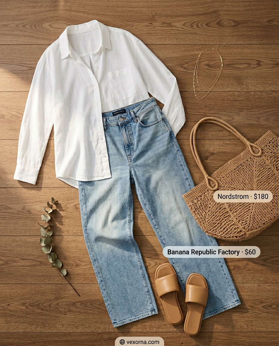 Effortless coastal outfit: wide leg jeans, oversized linen shirt, slide sandals, and straw tote. What to wear with wide leg jeans summer 2026.