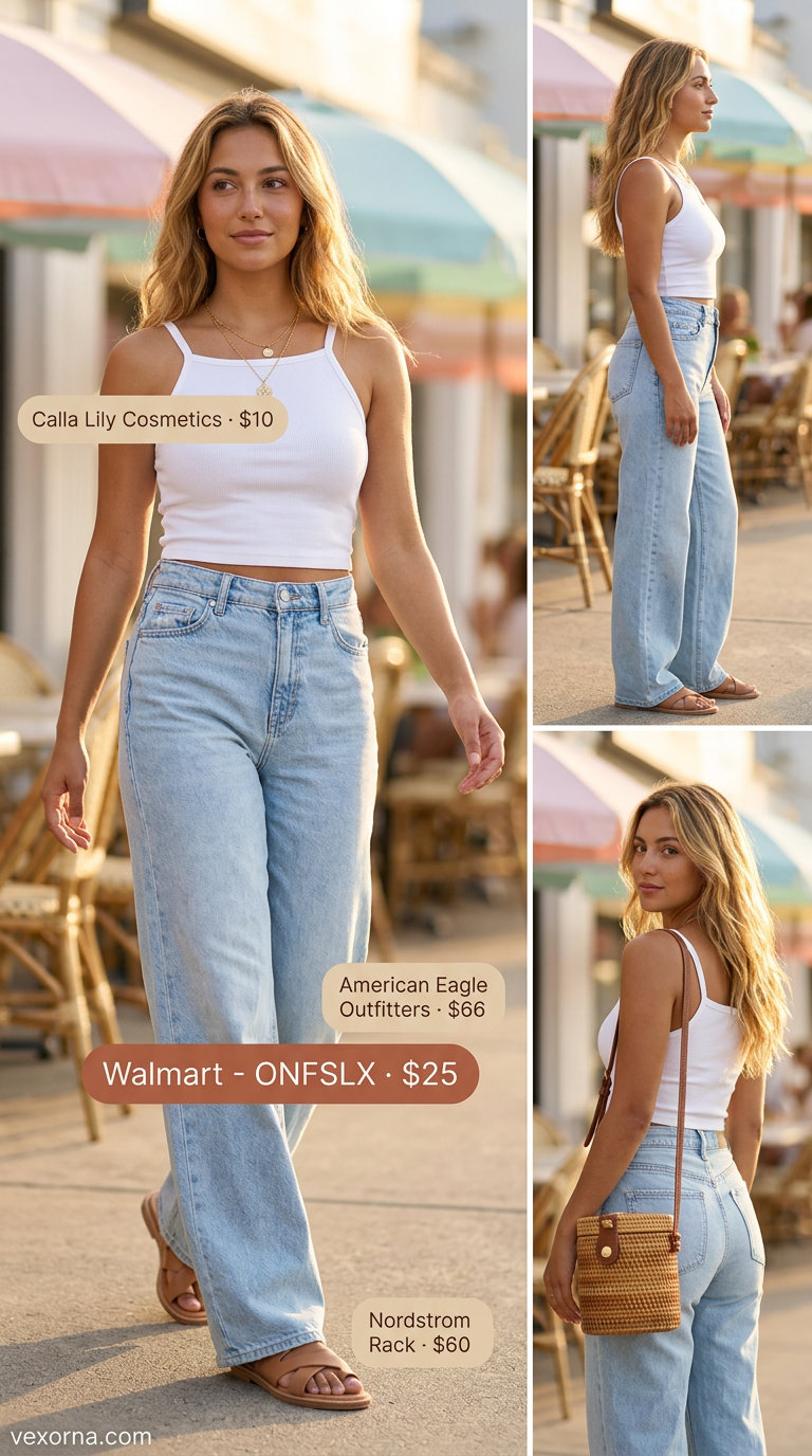 Light wash wide-leg jeans with white crop top, tan sandals & straw crossbody for summer.