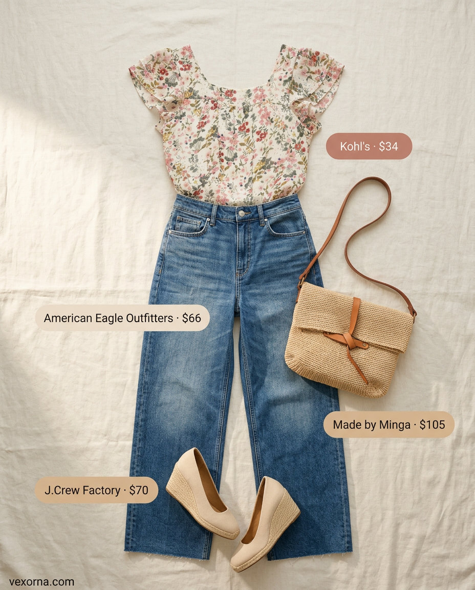 Coastal summer outfit: flowy floral peasant blouse, wide leg jeans, wedge espadrilles, straw hat, and woven bag. What to wear with wide leg jeans summer 2026.