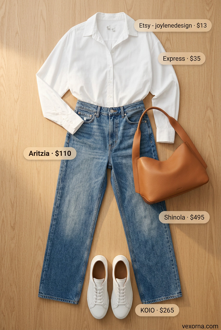 Casual summer outfit: wide-leg jeans, oversized white shirt, white sneakers & tan shoulder bag.