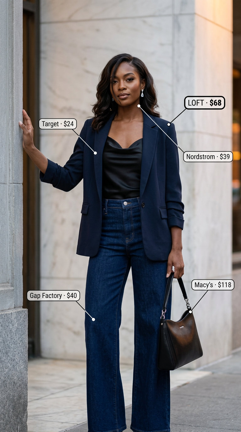 Elegant evening outfit: dark wash wide leg jeans, blazer, cowl neck camisole, and heeled sandals. What to wear with wide leg jeans summer 2026.