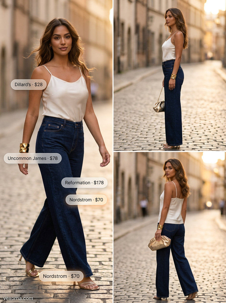 Elegant summer evening outfit: wide-leg jeans, ivory camisole, gold heels & clutch.