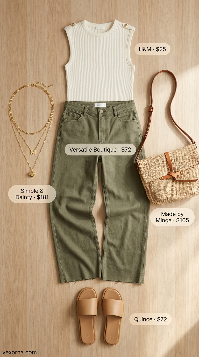 What to Wear with Wide Leg Jeans Summer 2026: Beige wide-leg jeans with cream tank, tan slides & woven bag.