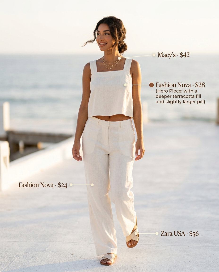 What to Wear with Wide Leg Jeans Summer 2026: Cream linen set with wide-leg jeans, white slides & straw tote.