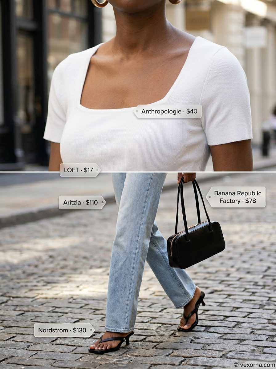 What to Wear with Wide Leg Jeans Summer 2026: Black midi skirt with white top, gold hoops & black sandals.