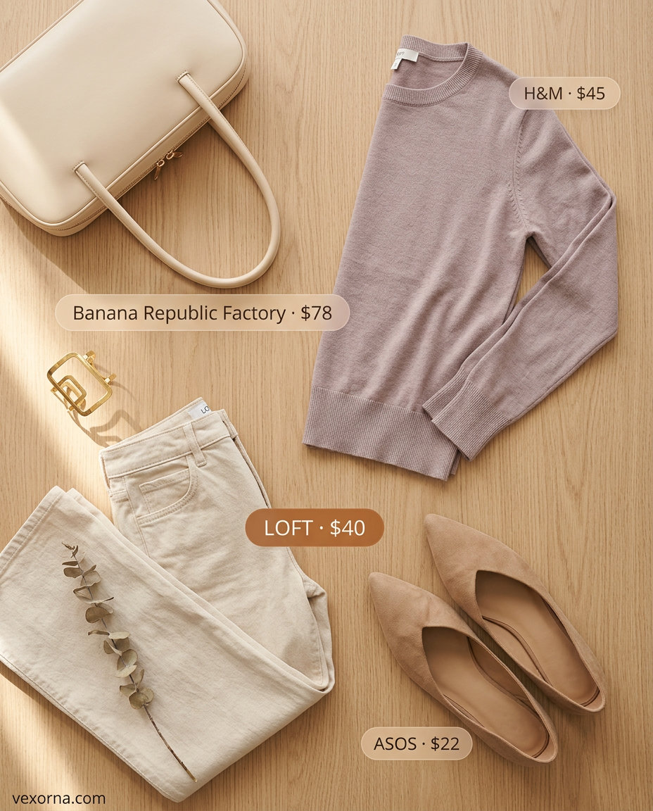 What to Wear with Wide Leg Jeans Summer 2026: Beige wide-leg jeans with cream knit sweater & tan flats.