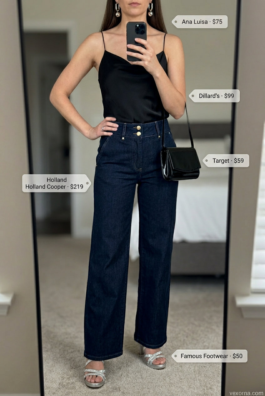 What to Wear with Wide Leg Jeans Summer 2026: Dark indigo wide-leg jeans with black top, silver heels & clutch.