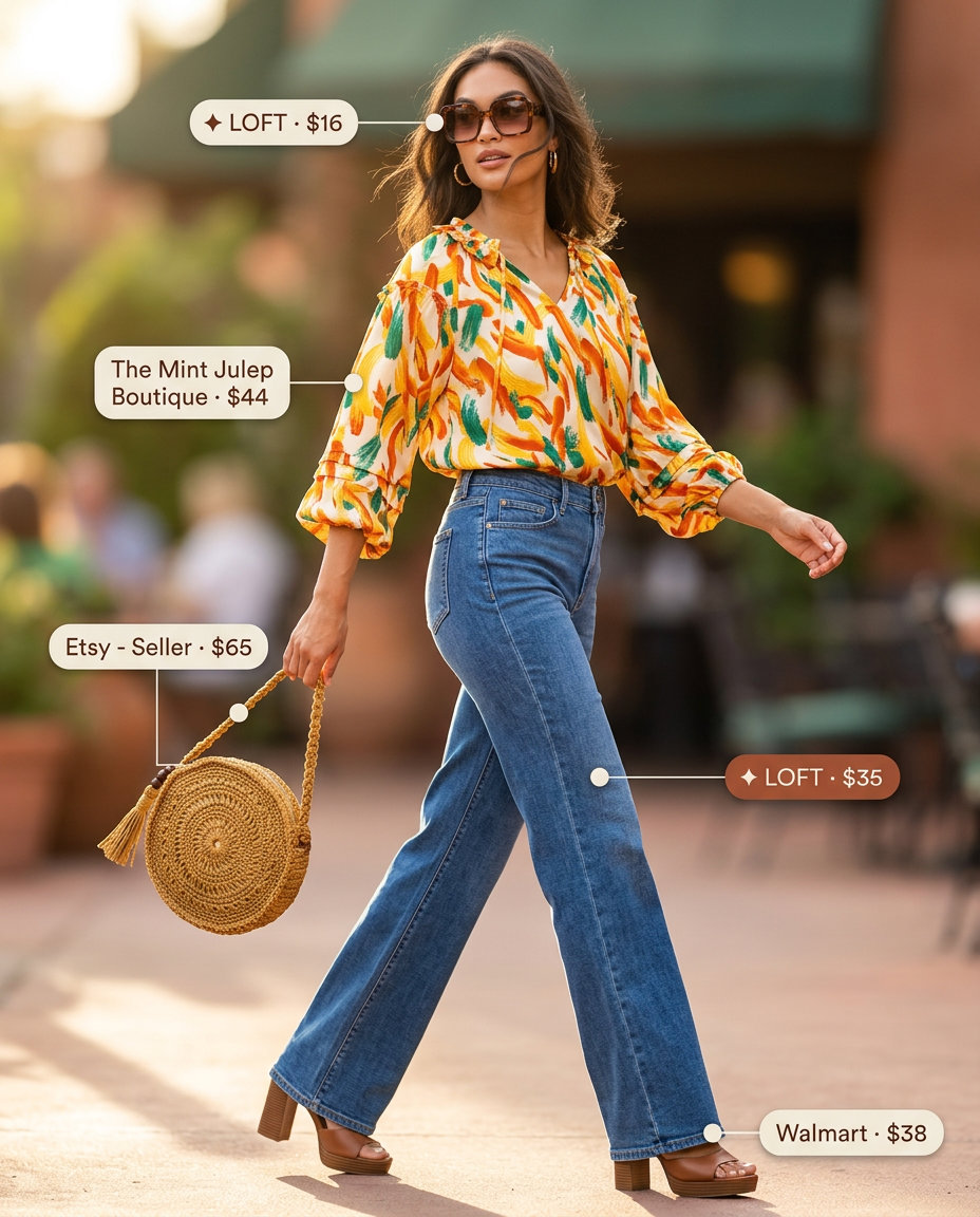 Retro outfit: flared wide leg jeans, bold print blouse, platform sandals, and round sunglasses. What to wear with wide leg jeans summer 2026.