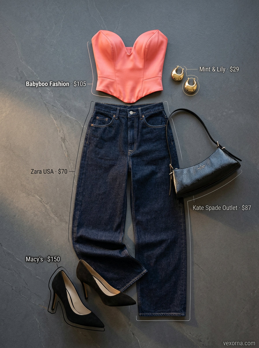Coral corset top with dark wash wide-leg jeans, black heels & clutch for summer evening out.