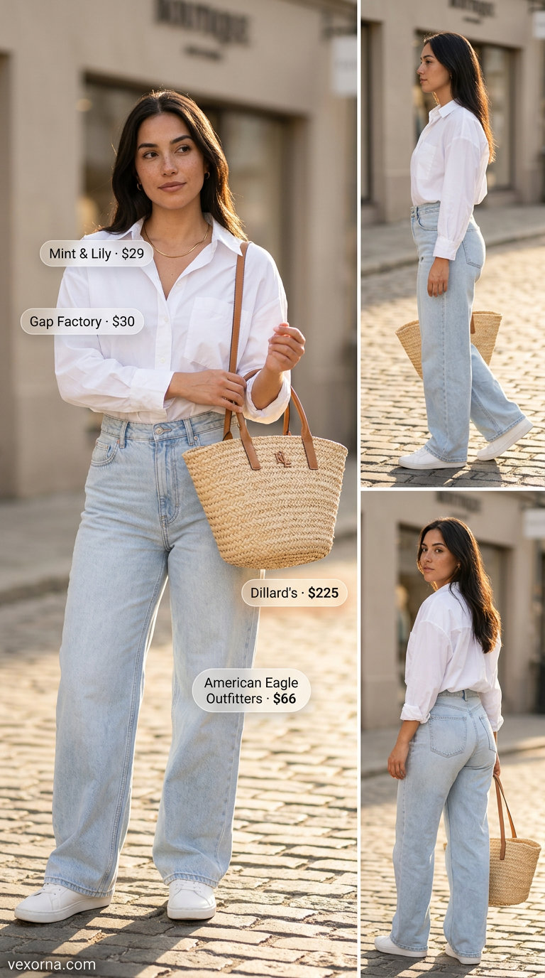 What to Wear with Wide Leg Jeans Summer 2026: Light wash wide-leg jeans with oversized white shirt & sneakers.