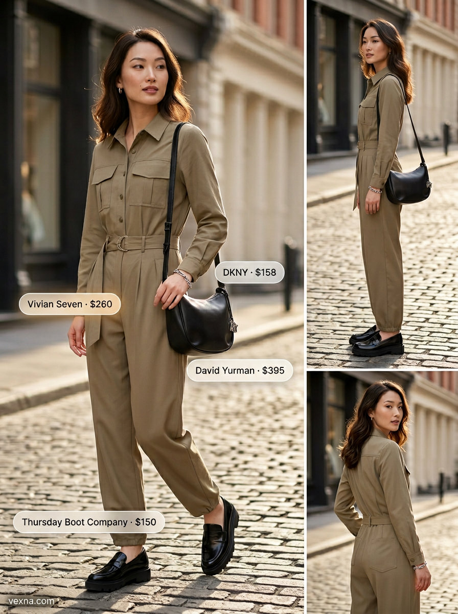 Khaki wide-leg utility jumpsuit with black platform loafers for a modern city look.