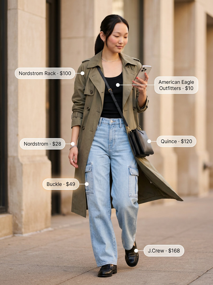 Urban chic outfit: wide leg cargo jeans, trench coat, loafers, and crossbody bag. What to wear with wide leg jeans summer 2026.