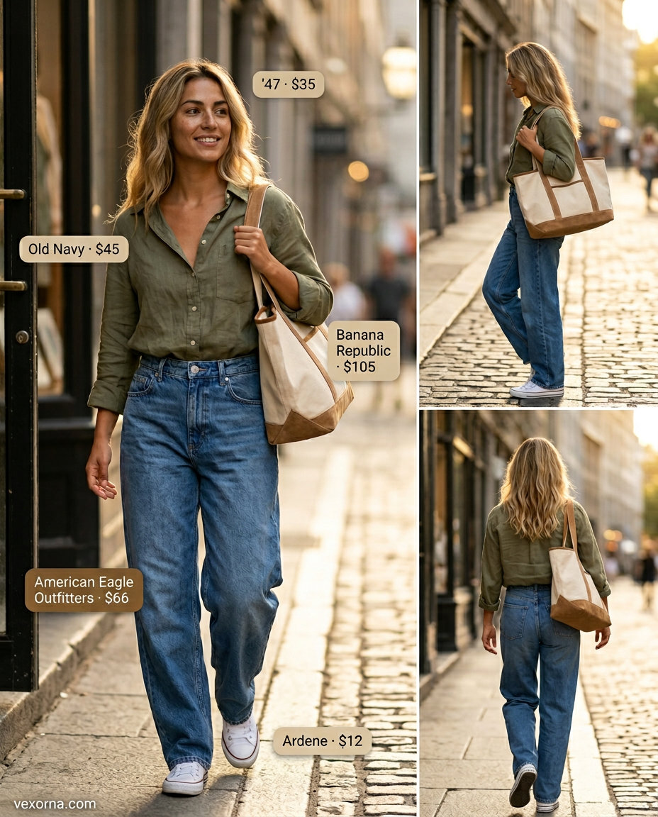 Casual summer outfit: olive green oversized shirt, wide-leg jeans, white sneakers & canvas tote.